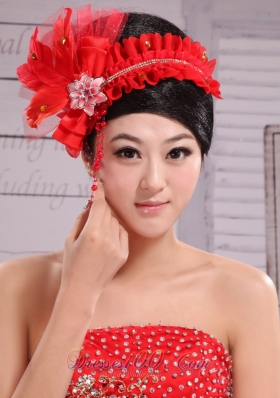 Red Headpiece Bride Pearl Headdress Feathe