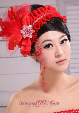 Red Headpiece Bride Pearl Headdress Feathe