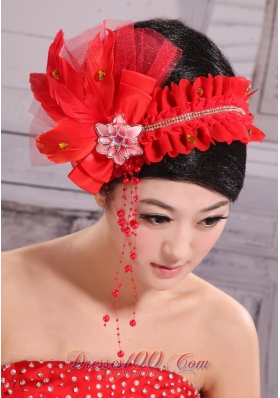 Red Headpiece Bride Pearl Headdress Feathe