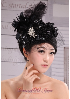 Hat Flower Feather Wedding Headpiece Black Beaded