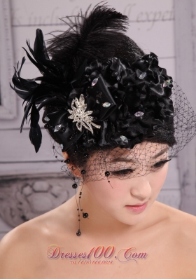 Hat Flower Feather Wedding Headpiece Black Beaded