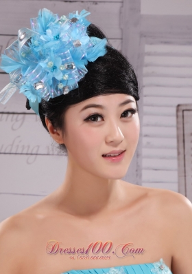 Sky Blue Headpiece Rhinestones Feather