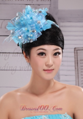 Sky Blue Headpiece Rhinestones Feather