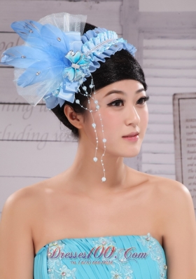 Rhinestone Feather Tulle Baby Blue Headpiece