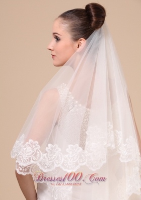 Lace Applique Tulle Wedding Veil Dropped