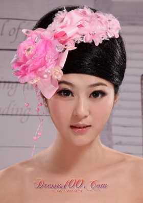 Pink Satin Ribbon Flower Beading Wedding Headpiece