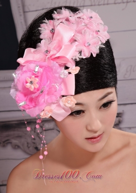 Pink Satin Ribbon Flower Beading Wedding Headpiece