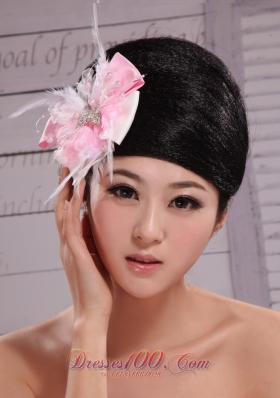 Pink and White Satin Feather Pearl Headpiece