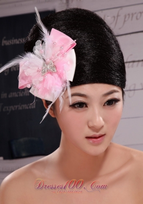 Pink and White Satin Feather Pearl Headpiece