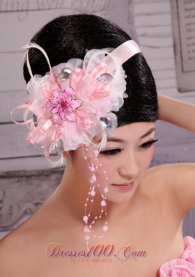 Ribbon Head Piece Handmade Flowers Baby Pink Beading