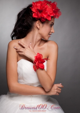 Red Taffeta Hand Flower Wrist Corsage and Headpieces