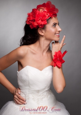 Red Taffeta Hand Flower Wrist Corsage and Headpieces