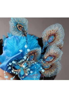 Romantic 2013 Peacock Blue Feathers Headpieces Pearls