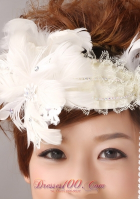 White Lace Feather Headpiece Wedding and Special Occasion