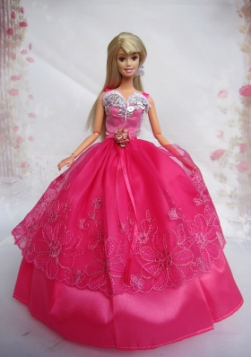 Hot Pink Straps Barbie Doll Dress Handmade Flowers
