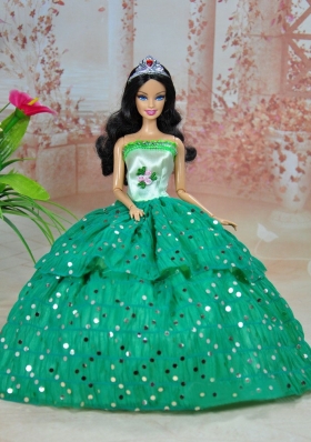 Layered Lake Green Sequins Handmade Flowers Barbie