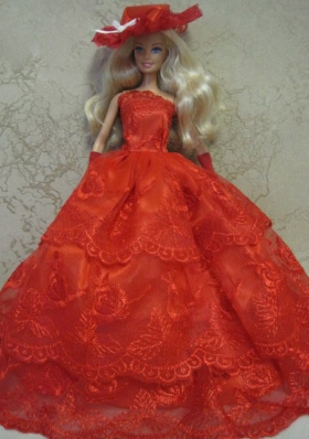 Layered Red Organza Embroidery Strapless Barbie Doll
