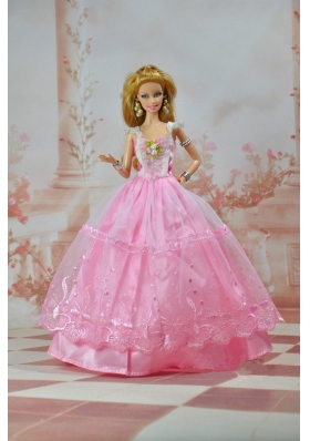 Straps Baby Pink Handmade Flowers Barbie Dolls Wear