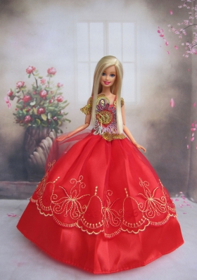 Handmade Dress For Barbie Dolls Wear Red Appliques
