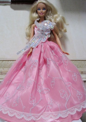Appliques Straps Lace Rose Pink Barbie Doll Costumes