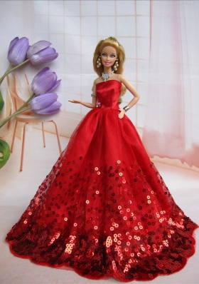 Red Sequins Sweep Train Tulle Barbie Fashion Clothing