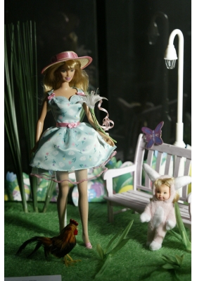 Party Style Mini Length Baby Blue And Sash Barbie Doll