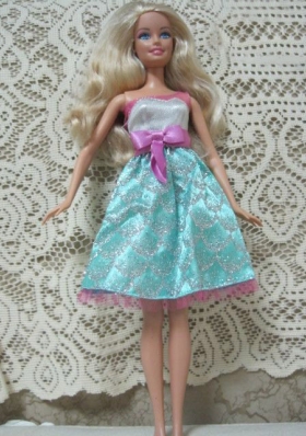 Bule And Pink Bow Beading Knee Length Barbie Doll