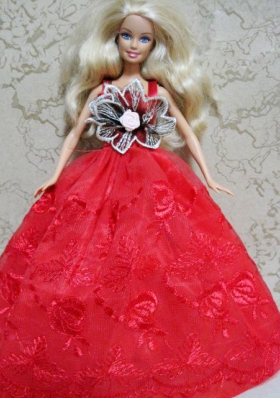 Red Appliques Barbie Doll Straps Handmade Flowers