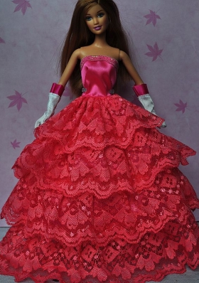 Rose Red Layered Appliques Dress For Barbie Doll