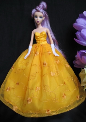Sweetheart Gold Ball Gown Barbie Doll Appliques Tulle