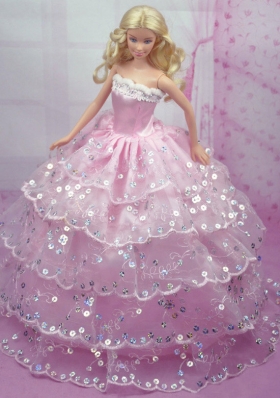 Lace Sequins Layered Baby Pink Barbie Doll Gown