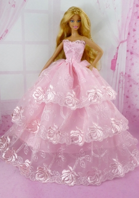 Appliques Strapless Barbie Doll Layered Baby Pink