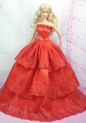Red Barbie Doll Dress Embroidery Strapless Layers