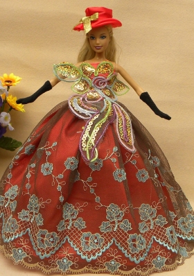Sequin Appliques Rust Red Strapless Barbie Doll Dress
