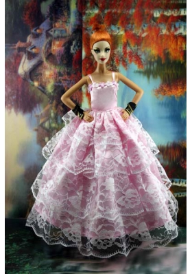 Strapd Barbie Doll Dress Pink Lace Layers