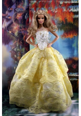 Flower Yellow Barbie Dress Up Dolls Strapless