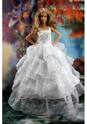 white Ruffled Wedding Barbie Doll Dress