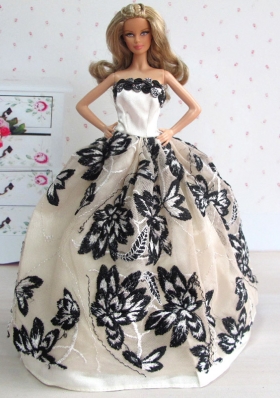 Strpless Champagne embroidery Wedding Barbie Doll Dress