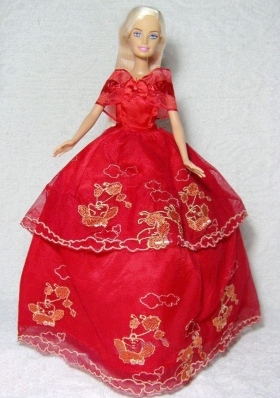 Red Embroidery Dress for Barbie Doll