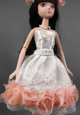 White Tulle Ruffled Lace Prom Barbie Doll Dress