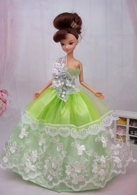 Green Embroidery Sequins Ball Gown Dress For Nobel Barbie