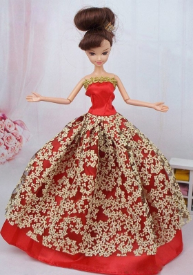 Red Applique Ball Gown Floor length Barbie Doll Dress