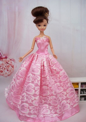 Exquiste Applique Ball Gown Pink Barbie Doll Dress