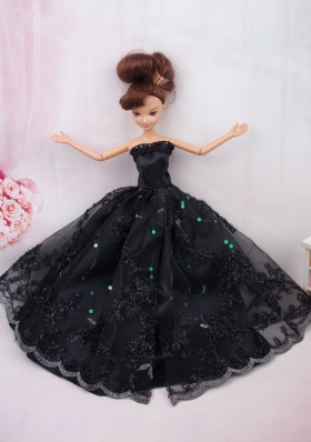 Party Clothes for Barbie Doll Black Ball Gown Lace Embroidery