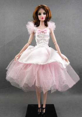 White and Pink Barbie Doll Dress Tulle Ball Gown Tea-length