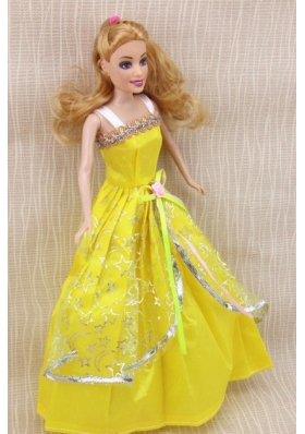 Bright Yellow Straps Bowknot applique Barbie Doll Dress