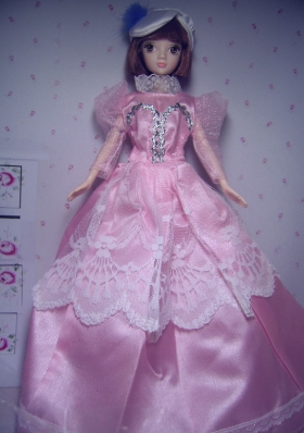 Rose Pink Dress for Noble Barbie Doll Long Sleeve Taffeta