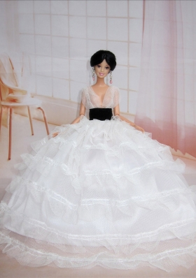 V-neck White with Black Sash Wedding Barbie Doll Dress