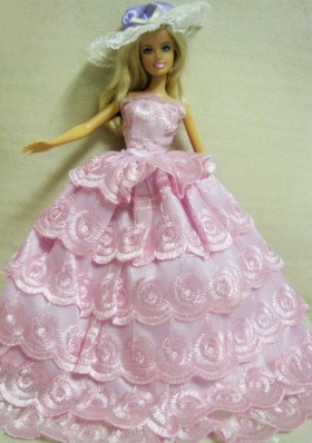 Baby Pink Wedding Dress For Barbie Doll Lace Layered applique