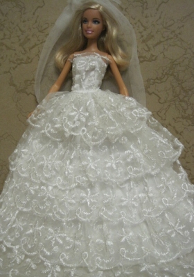 Baby Pink Wedding Dress For Barbie Doll Lace Layered applique